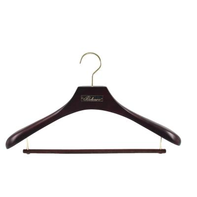 China DISPLAY metal plate logo customized brown wooden coat hanger for sale