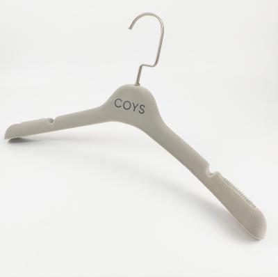 China Adjustable Gray Plastic Velvet Hanger Printing Logo Joining Plastic Hanger For Brand Clothing Display for sale