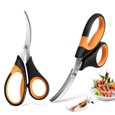 China Custom Universal Cut Stainless Steel Kitchen Scissors Curved Blade Seafood Shrimp Fish Shears Multi Function Scissors for sale