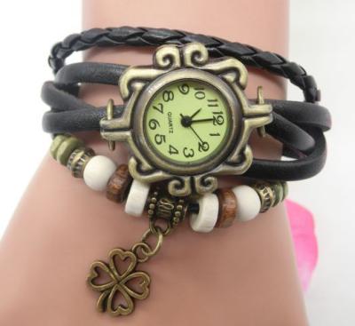 China Wholesale Handmade Leather Braided Leather Bead Wrap Leaf Bracelet Leaf Non-Specific Wood Watch for sale