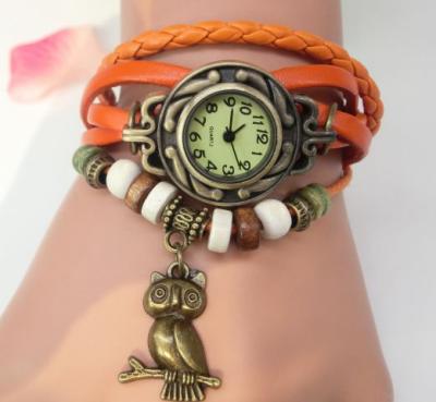 China Wholesale Handmade Leather Braided Bead Rope Bracelet Non-Specific Owl Charm Watch Wood Bracelet Women Men Wrap Bracelet for sale