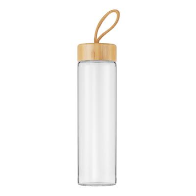 China Eco-Friendly Wide Mouth Minimalist Borosilicate Glass Water Bottle With Bamboo Lid For All Hot Iced Drinks for sale