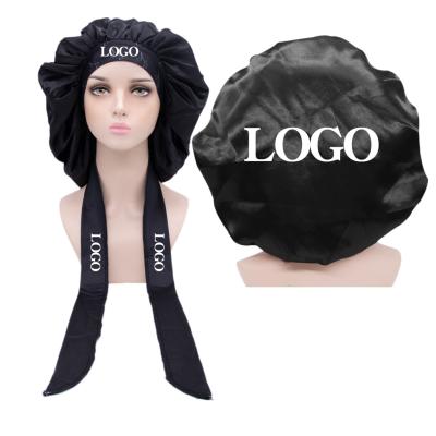 China Custom Silk Head Cover Double Layer Silk Head Shower Hats Night Sleep Picture Women Hood Adjustable Satin Hat for sale