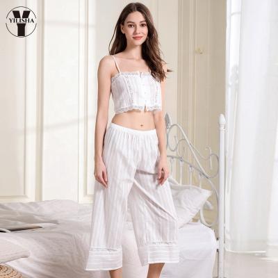 China Yilisha Summer Wholesale Sexy Lace Cotton QUICK DRY Wide Cropped Crop Tops Pants Loose Comfortable Homewear Pajamas Set for sale