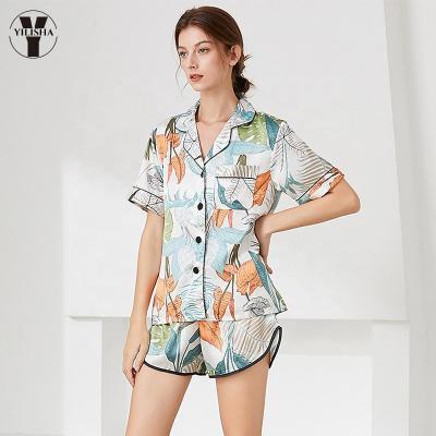 China Yilisha Summer Fashion QUICK DRY Custom Printing Silk Pajamas Lace Up Loose Shorts Cardigan Loungewear Short Sleeve Women Pajama Sets for sale