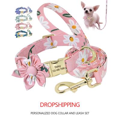 China Custom Dropshipping Customer Personalized Floral Luxury Nylon Dog Collar and Leash Set with Metal Buckle for sale