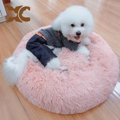 China 2020 Premium Fancy Large Soft Plush Fur Dog Round Bed Donuts Cheap Soft Luxury Cotton Woven Bed Viable Designed Fluffy Pet For Dogs for sale