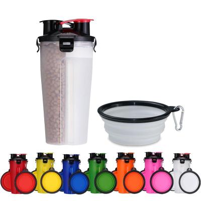 China Viable 2 in 1 Chamber Design Independent Portable Water and Food Dispenser Dog Travel Water Bottle with Collapsible Bowl for sale