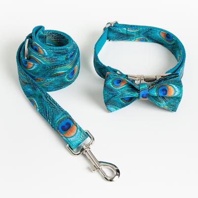 China Dropshipping Custom Personalized Peacocks Pattern Tow Rope Dog Collar Set with Bow Tie and Leash for Small Medium Dogs for sale