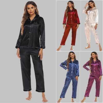 China Women's Silk Long Robes Comfortable Sleepwear Lapel Cardigan Pants Short Sleeve QUICK DRY Silk Pajamas Women's Silk Suit for sale