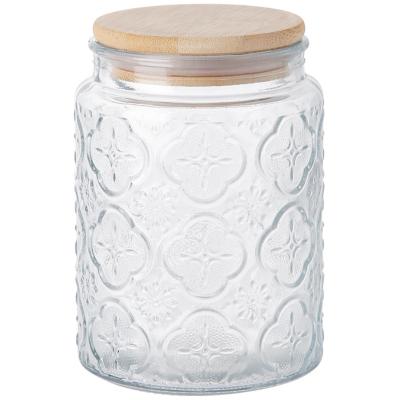 China Wholesale Freshness Preservation 700ml 24oz Begonia Embossed Glass Storage Jar Food Airtight Container With Bamboo Lid for sale