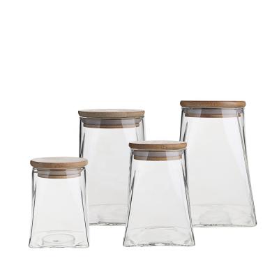 China Durable High Borosilicate Glass Storage Round Container Square Jars With Bamboo Wood Cork Lids for sale