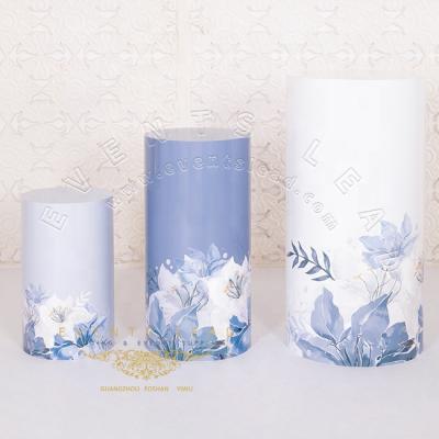 China Wedding Decoration Flower Design Elegant Blue Drum Printing New Innovative Acrylic Pedestals Display Set for sale