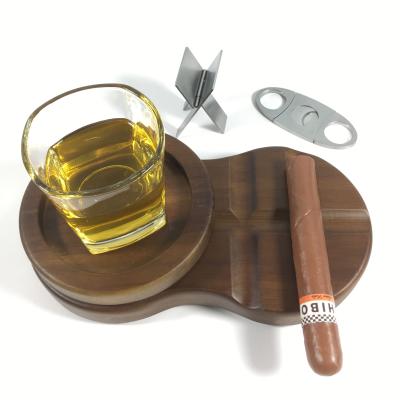 China Portable Cigar Holder Round Wooden Ashtray Wine Glass Tray for Smokers and Wine Lovers for sale