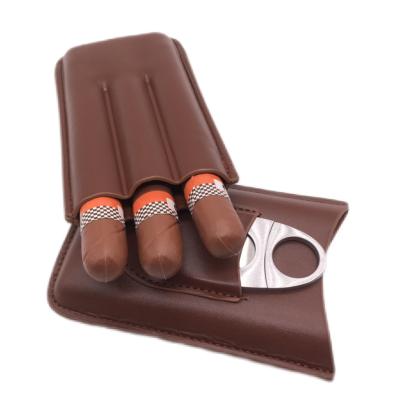 China Handmade 3 finger Travel Leather Cigar Case with Cigar Cutter for sale