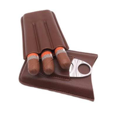 China Brown Genuine Leather Cigar Case Travel Leather with Cutter for sale