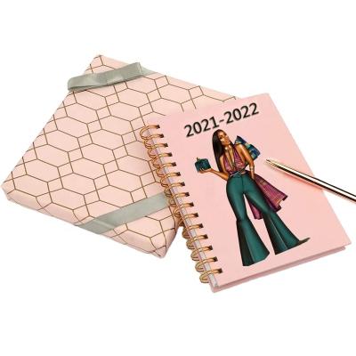 China Custom Spiral 2021-2022 A4 A5 Gold Free Sample Hardcover Weekly Daily Planner Printing Notebook with Pen for sale