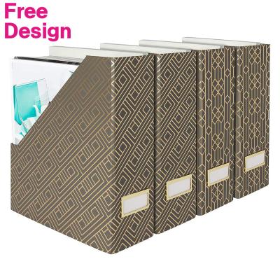 China Food Desk Accessories Cardboard Brown Folder Box Magazine Holder Organizer With Metal Label Durable Supply Holder for sale