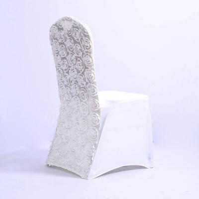 China White Jacquard Outdoor Spandex Chair Covers Wedding Banquet Rosette Chair Cover for sale