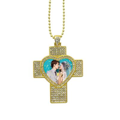 China Hiphop Sublimation Blank DIY Printing Jewelry Heart Cross Decorated Diamond Crystal Necklace for sale