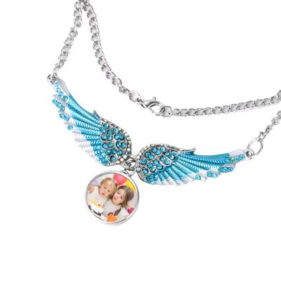 China Custom Photo Necklace Ladies Casual/Sporty Crystal Blank Necklace Blue for Sublimation Angel Wings Pendant Necklace Heat Press Transfer for sale