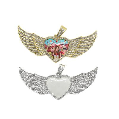 China Hiphop Personalized Photo Printable Hip Hop Angel Wing Pendant Sublimation Blank Heart Wing Necklace for sale