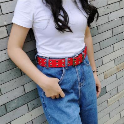 China Occasional; Youth Women Casual Double Lines Buckle Belt Fashion Porous Hollow Canvas Woven Jeans Belt for sale