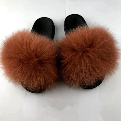 China 100% Colorful Fox Raccoon Fur Slipper Selling PVC Raccoon Fur Slipper Hot Indoor Furry Single Slides Sandal For Women for sale