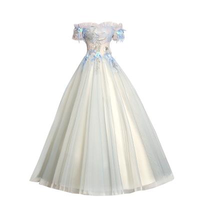 China Wholesale Anti-static One-Line Dress Blue Even Ball Gowns Floor Length Wedding Dress Party Prom Dress For Women for sale