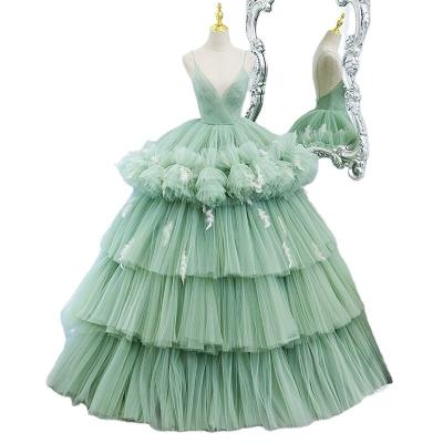 China New Design Candy Green Anti-Static Illusion Peri Spaghei Strap Deep V Multilayer Queensgown Princess Prom for sale