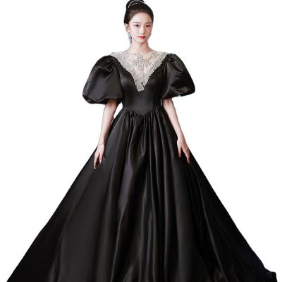 China Elegant Black Satin Fabric Ball Gowns Fashion Anti-Static Dress Formal Off Shoulder Long Train Strapless Party Evening Dresses for sale