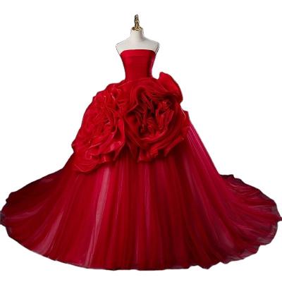 China Latest Red Anti-Static Strapless Fitted Big Gradient 3d Flowers Evening Dresses Bodice Ball Gowns Red Prom Dresses for sale