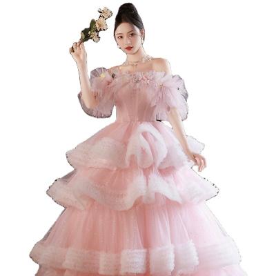 China Anti-Static Queen Dress Simple Elegant Soft Lace Up Princess Prom Ball Gown Sweetheart Pink Sequin 3d Flower Bubble Fancy Tiered Dress for sale