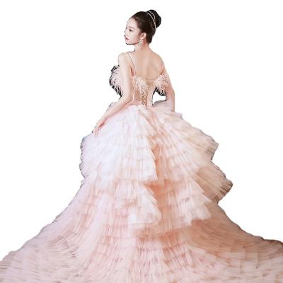 China Custom Made Pink Ortrich Anti-Static Tiered Long Sleeve Queensgown Tulle Evening Dresses Peri Women Beaded Dress for sale