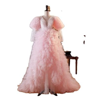 China Custom Made Pink Dress Peri Women Beaded Dress Queensgown Ruffle Tulle Evening Dresses Tiered Sleeve Anti-Static Hot Sale Long for sale