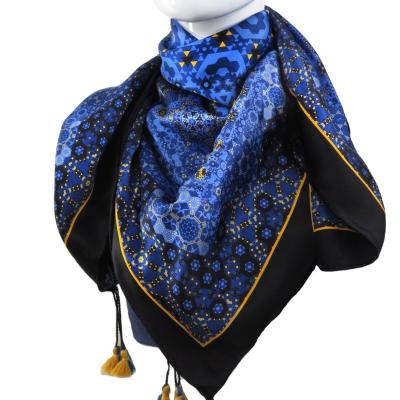 China Silky Custom Square Galileo Design Double Sided Tasseled Scarf in Blue Silk Scarf for Women and Men Gift for sale