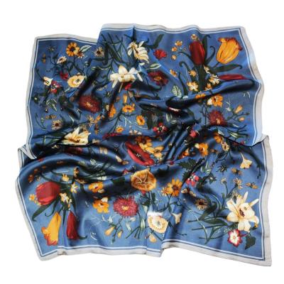 China Floral Silky 100% Pure Silk Skinny Scarf Inspired Printed Bag Handle Headband Ribbon Accessories Silk Tie White Blue Scarf for sale