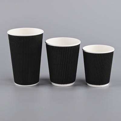 China Disposable cheap wholesale 8oz 12oz black printing takeaway cup customized food grade disposable ripple corrugated wall paper coffee cu for sale