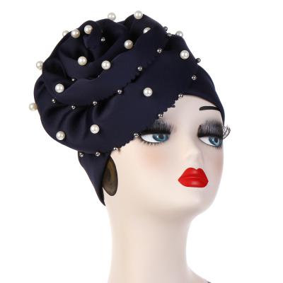 China Fashion H2264 Trendy Big Black Flower Beaded Auto Gele India Women Muslim Headwrap African Red Bandanas Hat for sale