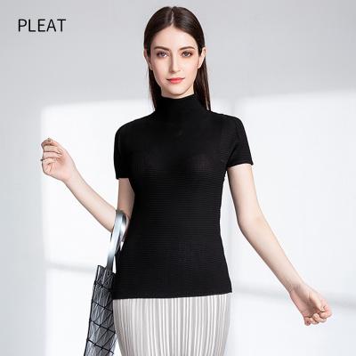 China Anti-wrinkle miyake pleated ladies fall 2021 solid high collar stretch pleated ladies T-shirt for sale