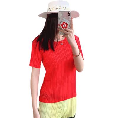 China Breathable 100% Polyester Women Blouses Tops Solid Color Short Sleeve Anti Shrink T-Shirt for sale