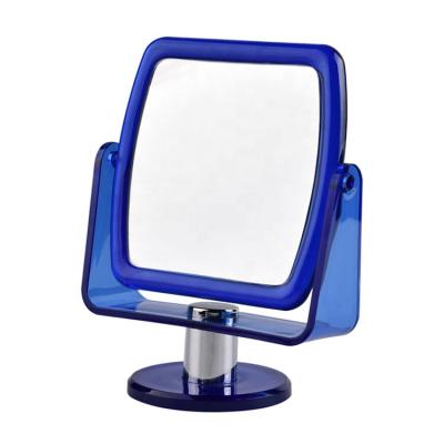 China Custom Logo Blue Color Plastic Double Side Square Shape Table Stand Double Side Mirror With Base for sale