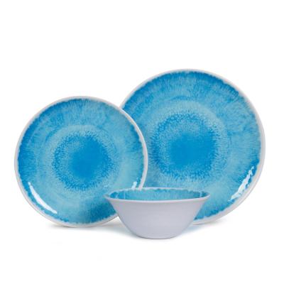 China Viable Organizador de vajilla melamine dinner dish set blue, 12pcs set melamine dinnerware camping dish set for sale