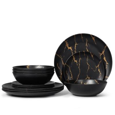 China 24pcs Gift Box Market Sale Price Black Marble Effect Melamine Tableware Packaging Viable Wholesale for sale