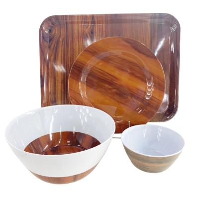 China Melamine Dinnerware Set Sustainable Shiny Woodgrain , Fast Food Serving Custom Plastic Diner Set With Dish Bowl for sale