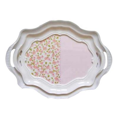 China European Style Pink Flowers Print Irregular Melamine Tray With Irregular Handle for sale