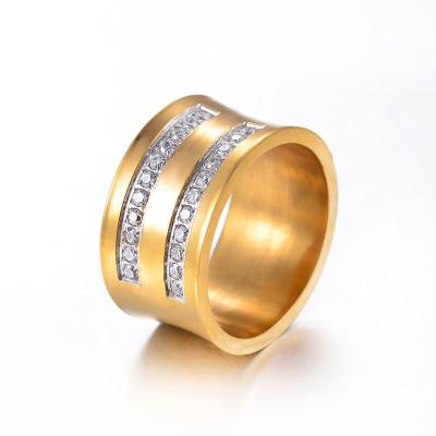 China Romantic Stainless Steel Band Rings CNC Jewelry With 3A Zircon Stones Bling Bling Gold Jewelry for sale