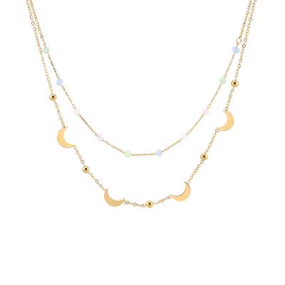 China CLASSIC Gold Plated Moon Shape Style Stainless Steel Chain And Multi Color Crystal Beads Double Chain Necklace for sale