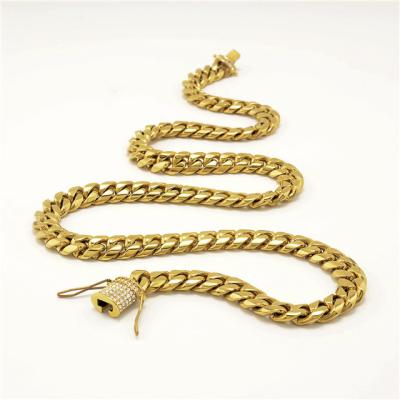 China Punk 8mm/10mm/12mm/14mm Diamond Clasp Stainless Steel Cuban 14k/18k Miami Gold Plated Mens Chains Jewelry for sale