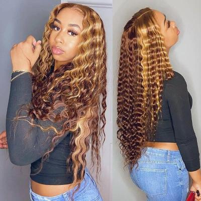 China Highlight 1B Honey Brown Color Straight Human Hair Highlight Lace Front Wig Highlight Human Hair Highlight Wig HD Transparent Wig Body Wave for sale